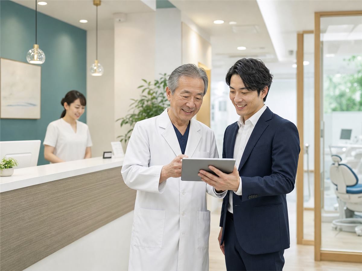 歯科医院の受付と事業承継の相談イメージ