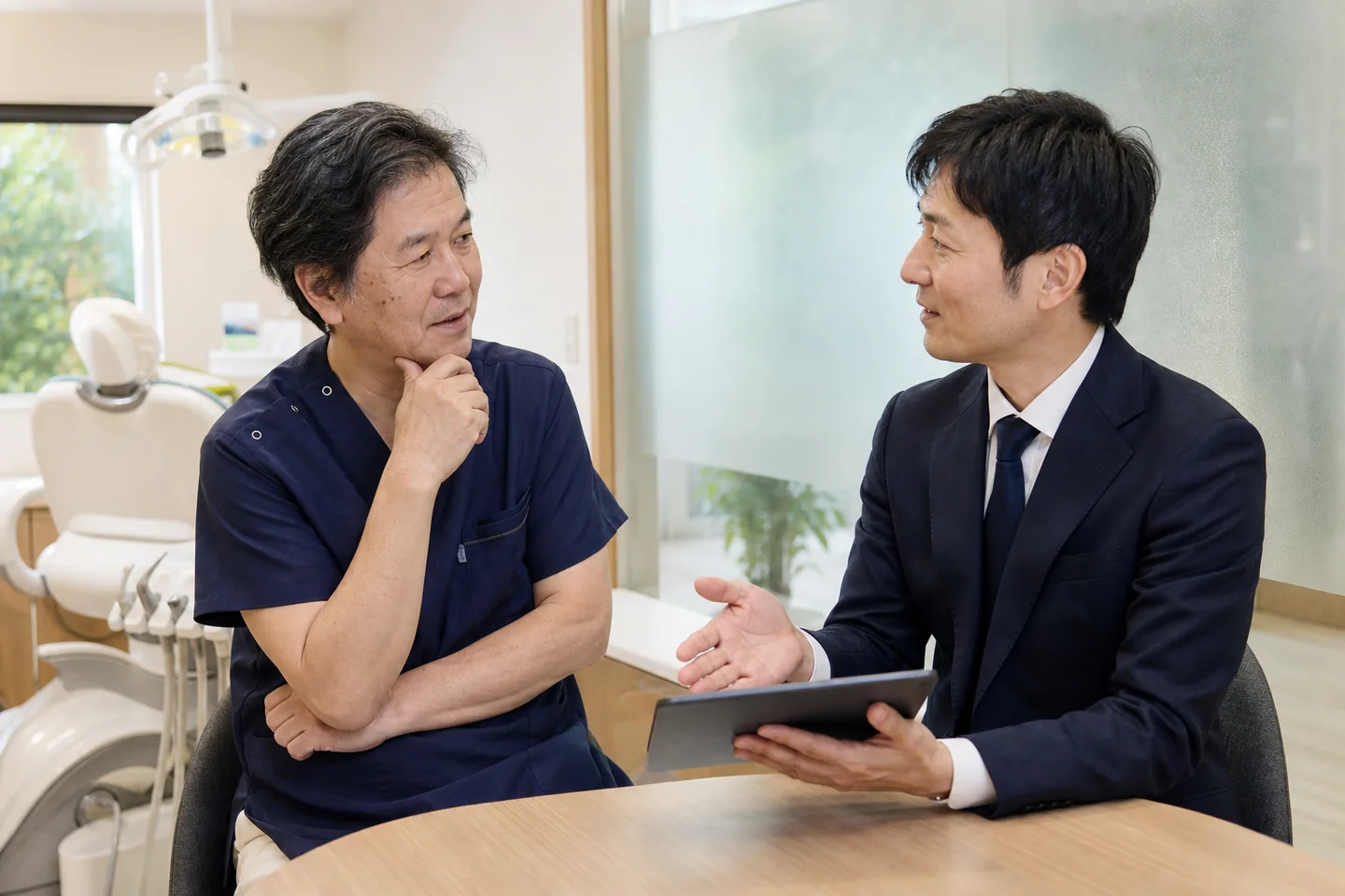 歯科医院の院長とM&Aアドバイザーが院内で相談する様子