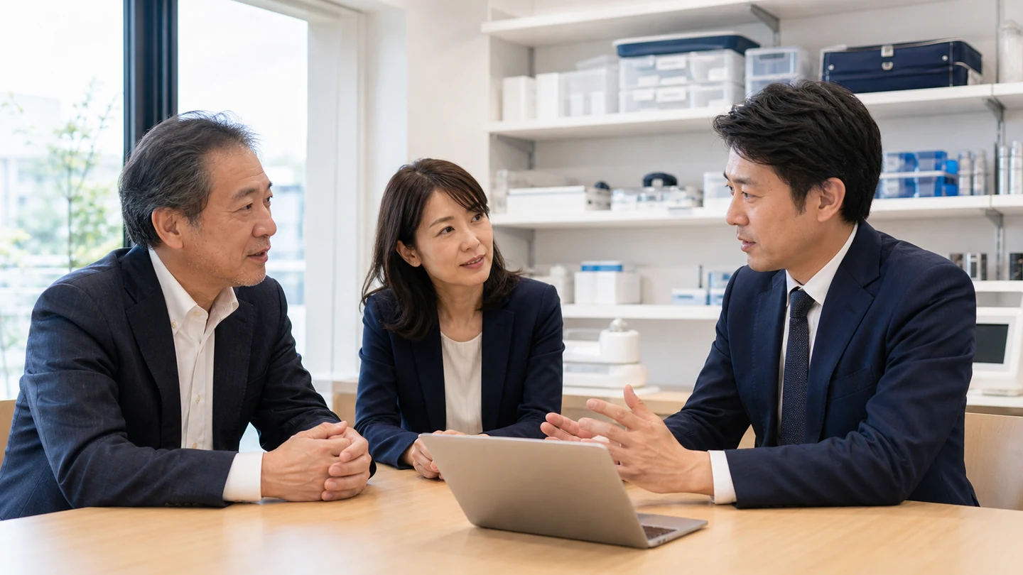 歯科関連サービス会社の経営陣が事業承継を協議する様子
