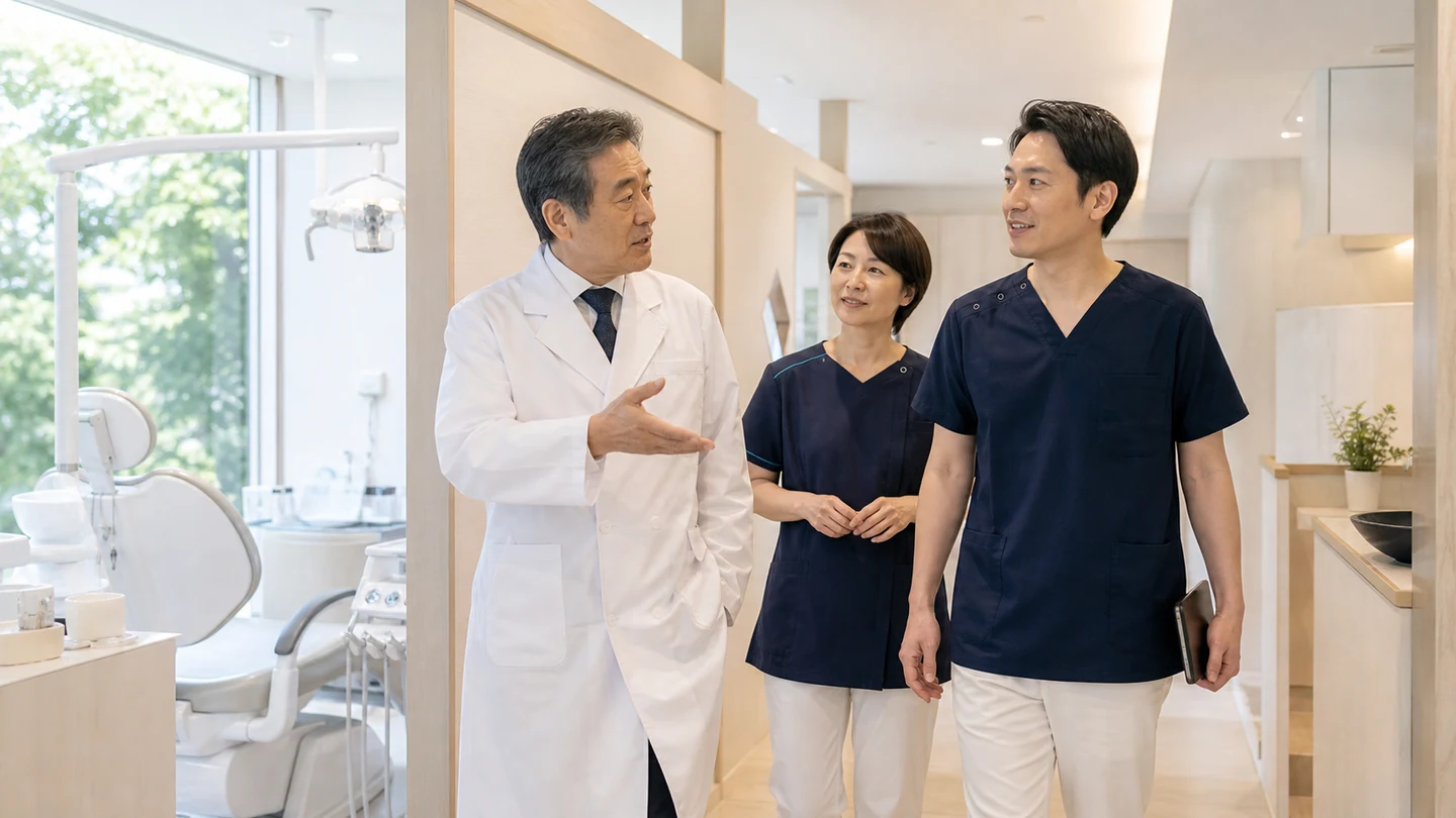 歯科医院の院長とスタッフが診療体制の承継を確認する様子