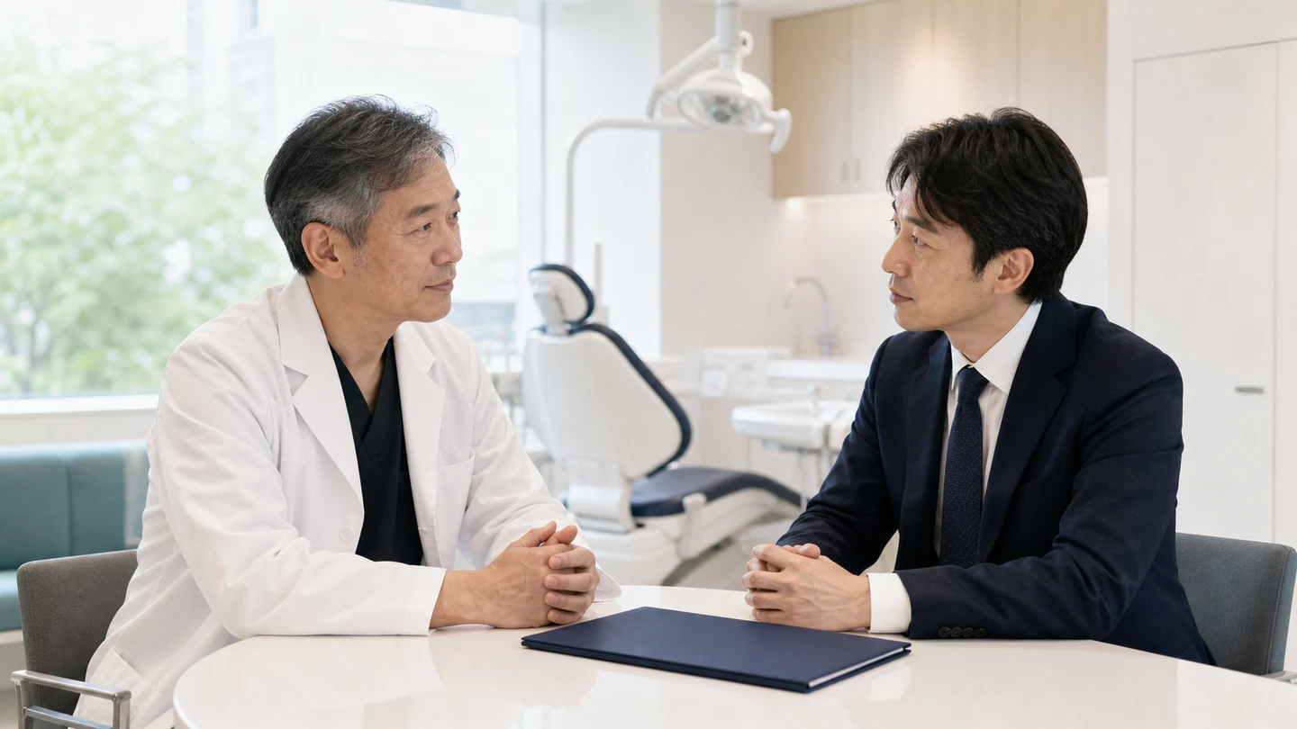 歯科医院の院長とM&Aアドバイザーが第三者承継を相談する様子