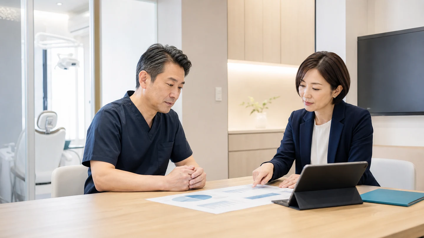 歯科医院の院長とアドバイザーが医院の評価資料を確認する様子